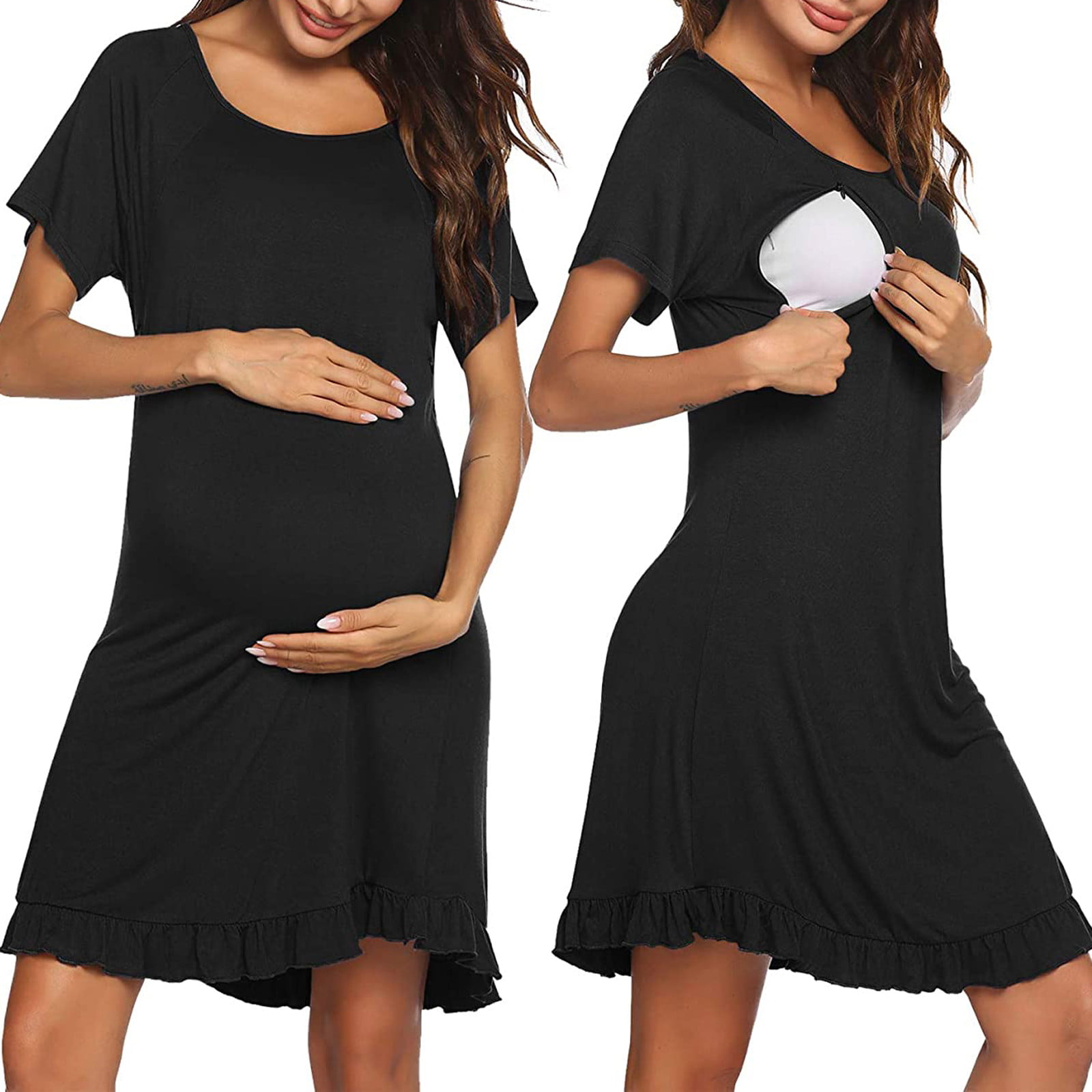 Nursing Dresses for Women Short Sleeve Wrap O Neck Breastfeeding Dresses Knee Length Mini Maternity Dresses for Baby Shower 