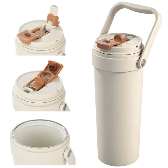 Flip Straw Tumbler with Handle 30 oz, Ceramic Coated Stainless Steel Insulated Water Bottle with Twist On Lid, Leakproof Travel Mug with Wide Mouth & Carry Handle for Hot Cold Drinks