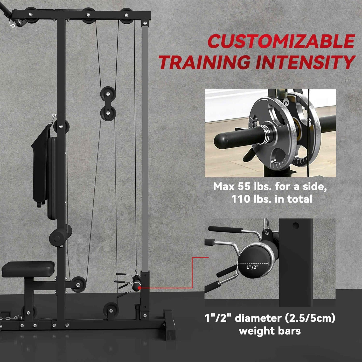 Demifill Adjustable Lat Pulldown Machine - Black, High/Low Pulley System, Flip-Up Footplate & Seat