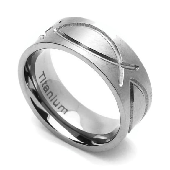 Men Women 8MM Comfort Fit Titanium Wedding Band Christian Fish Engraved Flat Ring ( Size 6 to 14)