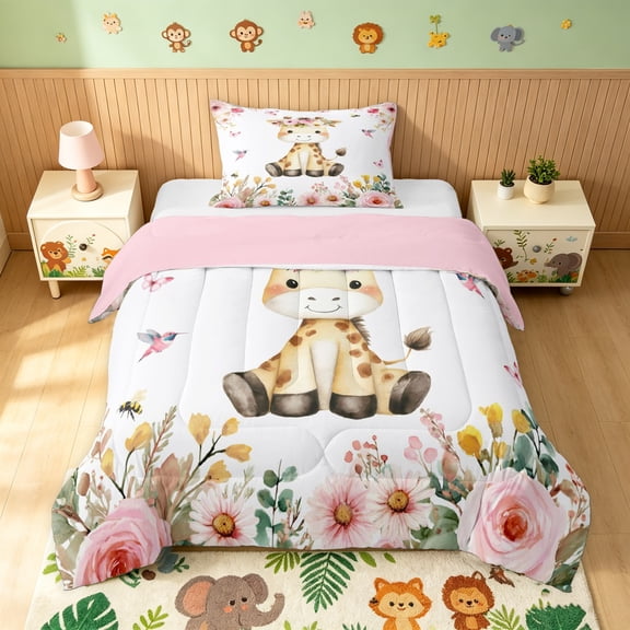 Manfei Floral Giraffe Twin Comforter Sets, Romantic Rose Butterfly Bedding Set, White Pink, Pink Reversible, 2-Piece, 1 Comforter and 1 Pillowcase