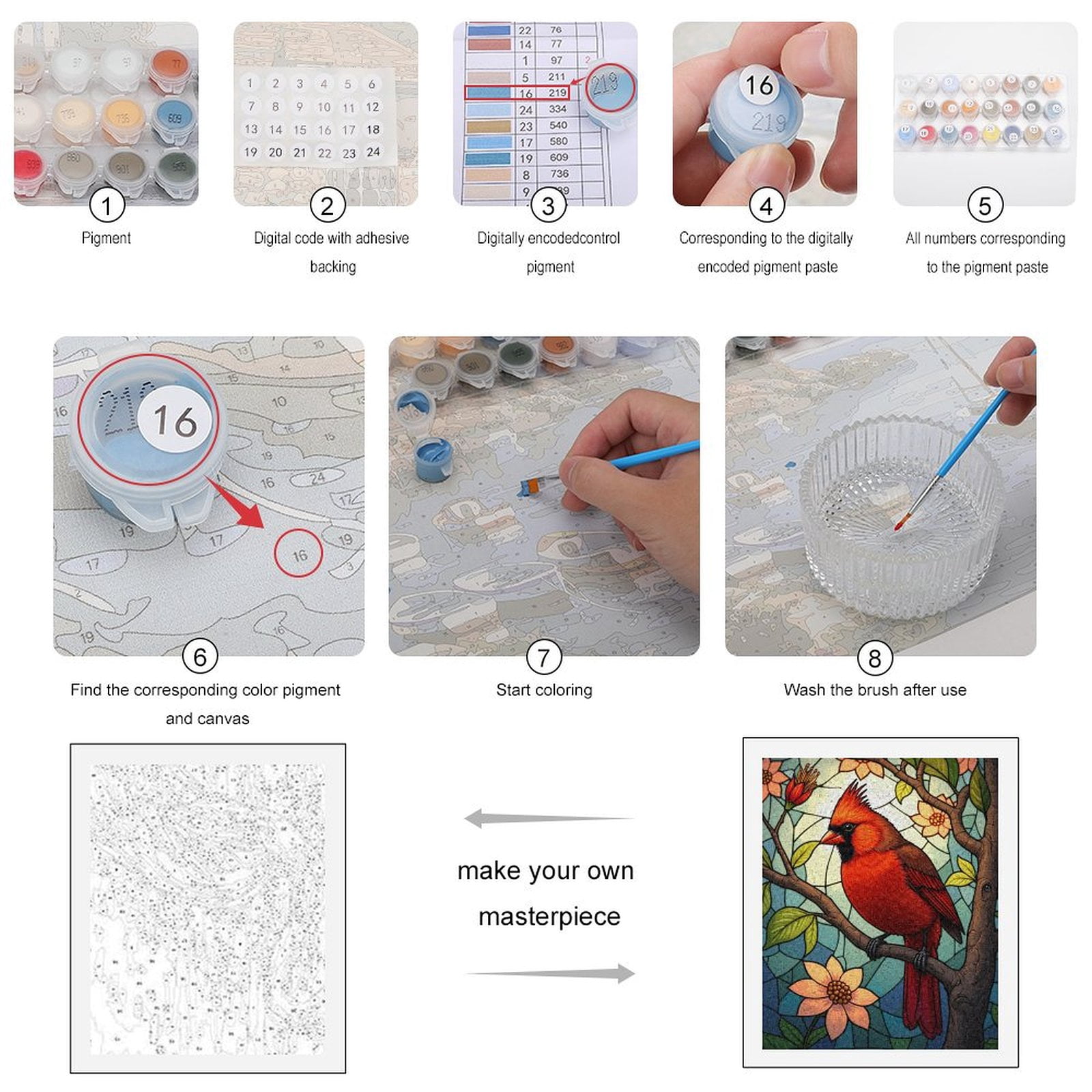Paint By Numbers Kit for Adults Beginner - DIY Red Bird Stained Glass Art Flora Canvas Painting Kits for Adults, Frameless Paint By Number for Adults for Home Wall Decor 16x20 Inch