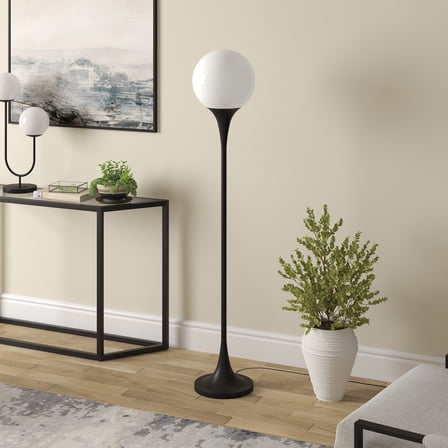 Mahdi Torchiere Floor Lamp with Glass Shade in Blackened Bronze/White Milk