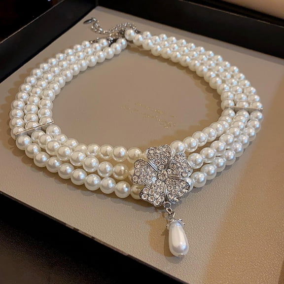 Women's Jewelry Set with Crystal Flower and Pearl Multilayer French Style Luxury Niche Necklace Bracelet and Earrings Classic Fashion Party Gift HN5965-1