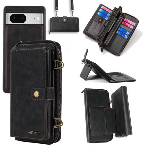 Wallet Case Compatible with Google Pixel 7A,Multi-Function Detachable 3 in 1 Magnetic Google Pixel 7A(5G) Case Wallet,Flip Strap Zipper Card Holder Phone Case with Shoulder Straps (Black)
