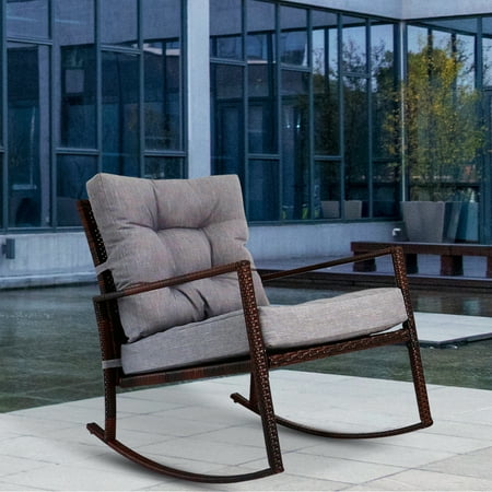 Kinbor Rattan Rocker Chair Outdoor Garden Rocking Wicker Lounge Grey Cushion - Walmart.com