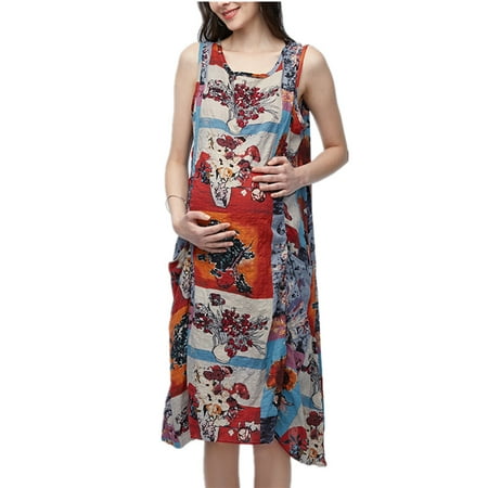 - Women's O-Neck Sleeveless Floral Print Cotton Maternity Dress