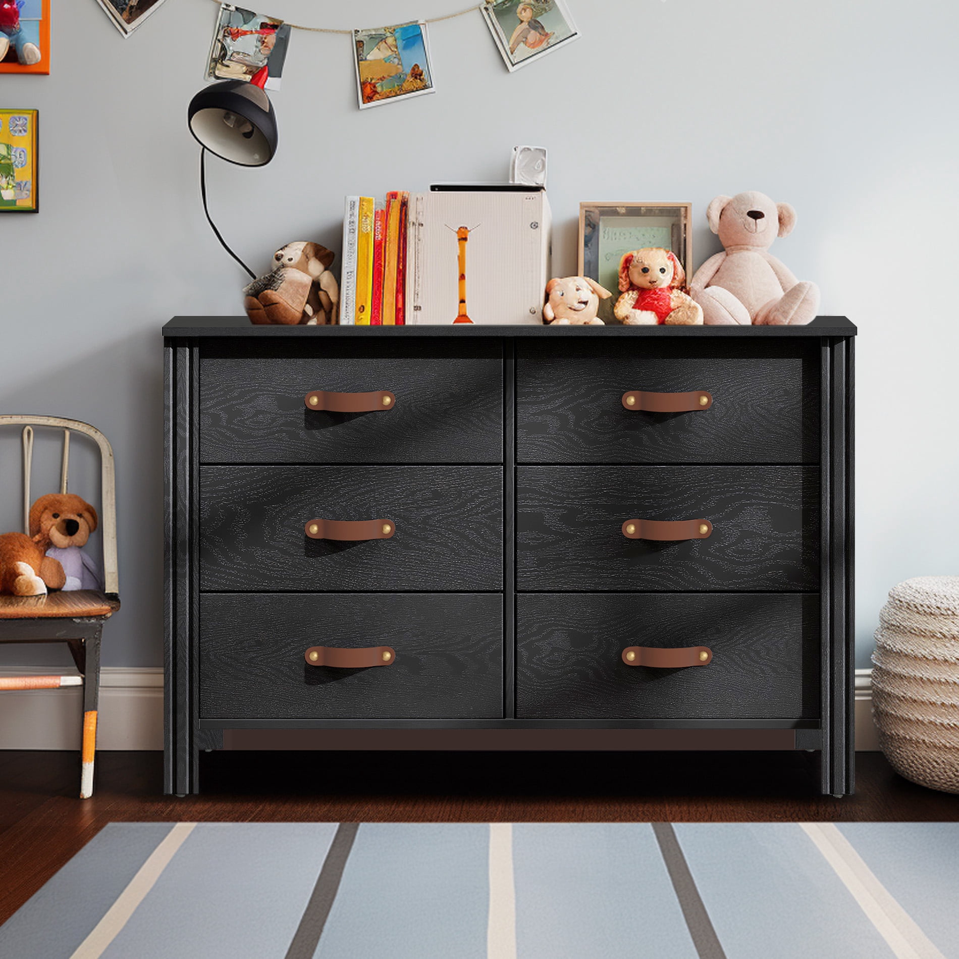Dresser for Bedroom, Wood Dresser with 6 Drawers, Storage Cabinet for Living Room, Hallway, Black
