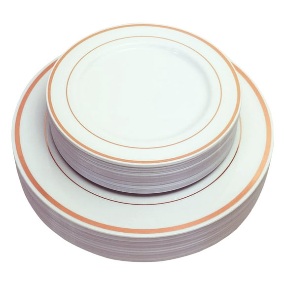 JL Prime 50 Piece Silver Plastic Plates Set - Reusable and Recyclable - Silver Rim Plates for Weddings, Anniversaries, Showers, Parties - 25 Dinner Plates, 25 Salad Plates - Elegant Party Plates