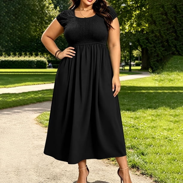 Efsteb Midi Dresses for Women Plus Size Smocked Pleated Maxi Dress Short Sleeve Empire Waist Summer Fashion Casual Long Dress with Pockets (Black,XXXL