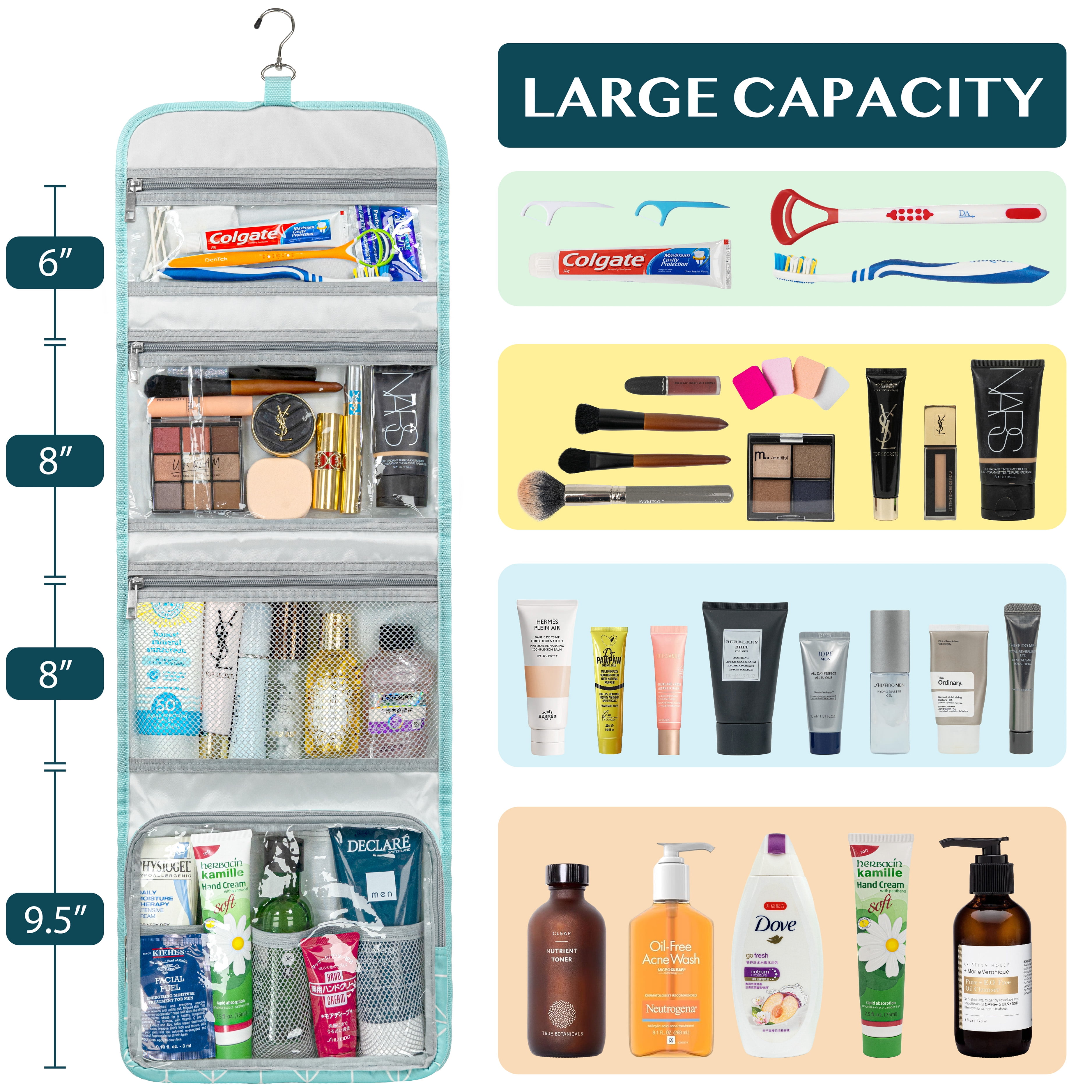 PAVILIA Travel Hanging Toiletry Bag for Women Men, Large Capacity Makeup Bag Kit, Waterproof Cosmetic Storage Organizer Case for Bathroom Shower, Teal Chevron