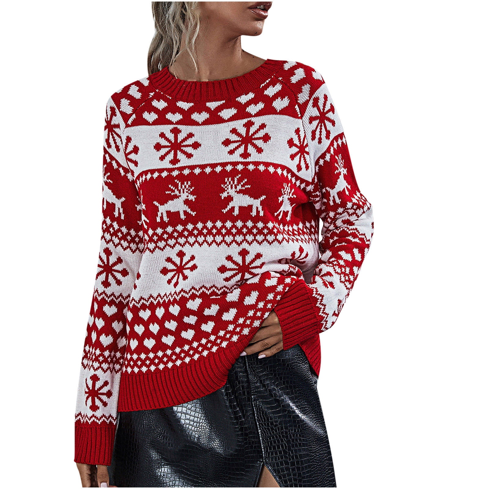 Hfyihgf Women's Ugly Christmas Sweaters Snowflake Reindeer Long Sleeve  Holiday Knit Xmas Sweater Pullover Tops（Red,L) 