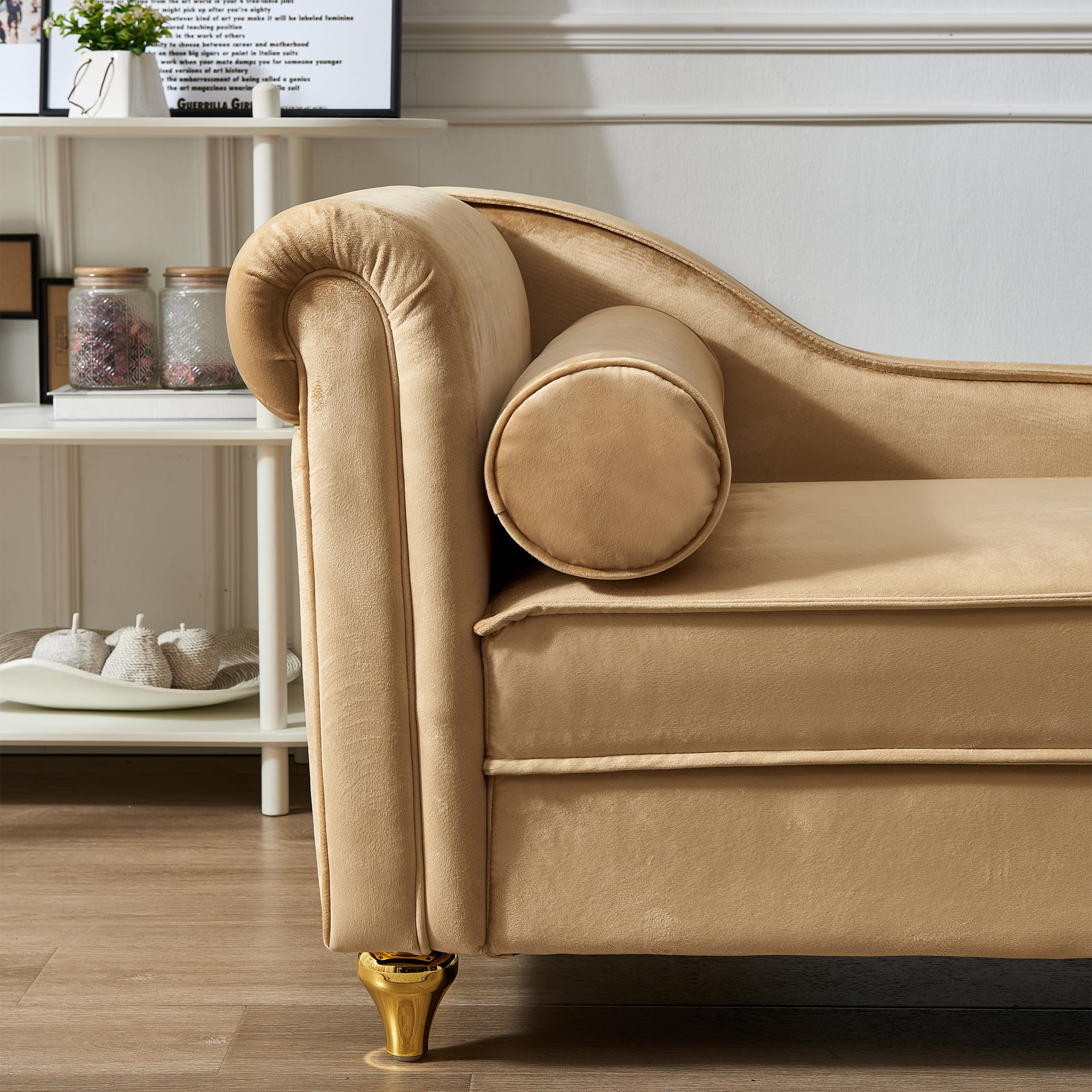 Miniyam Storage Chaise Lounge, Velvet Upholstered Sofa Recliner Lounge Chair with Pillow for Living Room Bedroom, Khaki
