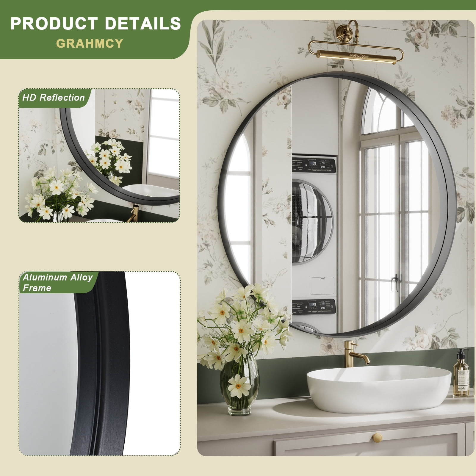 GRAHMCY 30" Bathroom Round Mirror With Deep Frame Wall Decor, Black