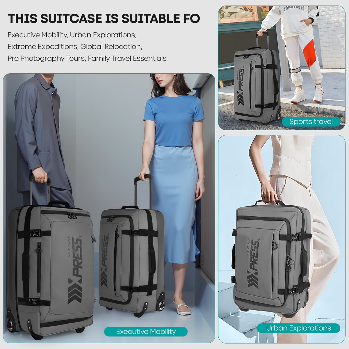 3 Piece Softside Luggage Set, Expandable Suitcases with Wheels, Heavy-Duty Waterproof Travel Bags, 20/26/30 in, Grey - TA069