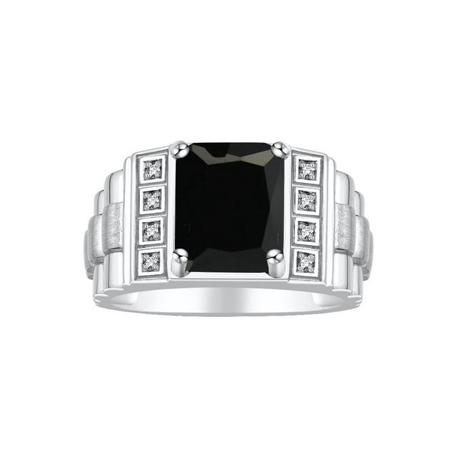 RYLOS Men's Rings Sterling Silver Designer Style 10X8MM Emerald Cut Shape Gemstone & Diamonds Onyx October Birthstone Rings For Men Size 9