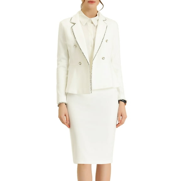 DARING DIVA Women's 2 Pcs Business Tweed Trim Blazer Skirt Outfit Sets XS White