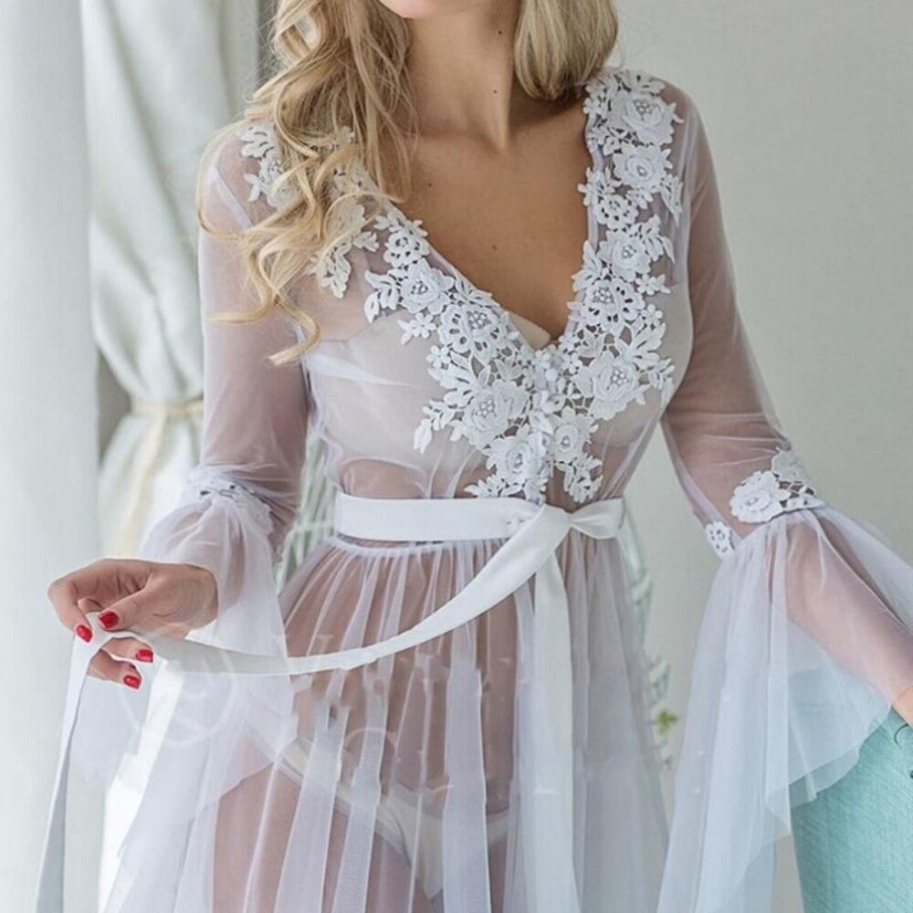 Gupgi Women Deep V-neck Robes Lace Sheer Nightgown Full-Length