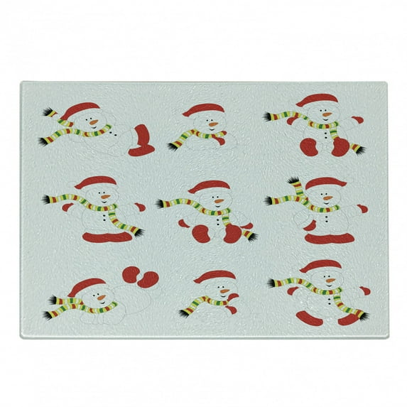 Christmas Cutting Board, Snowman with Scarf Different Funny Poses Noel Festivities Themed Motifs, Decorative Tempered Glass Cutting and Serving Board, Small Size, Red White Green, by Ambesonne