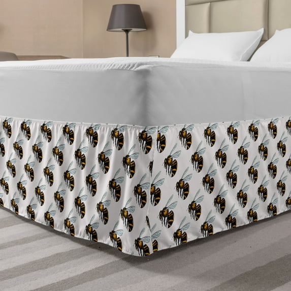 Entomology Bed Skirt, Detailed Bee Buzzing Insects with Wings, Elastic Bedskirt Dust Ruffle Wrap Around for Bedding Decor, 4 Sizes, Grey Multicolor, by Ambesonne