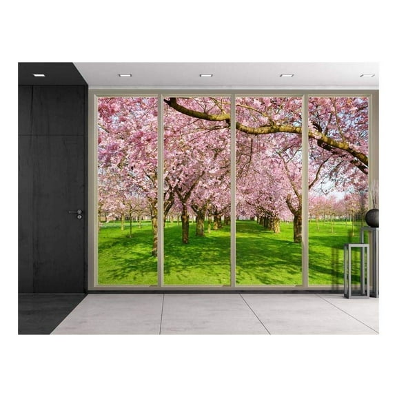 Wall26 - Rows of Pink Cherry Blossom Trees Over Green Grass Viewed from Sliding Door - Creative Wall Mural, Peel and Stick Wallpaper, Home Decor - 100x144 inches