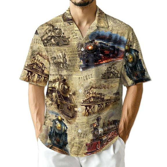 Netecom Vintage Train Hawaiian Shirt for Men Women, Station Railway Button Down Summer Aloha Beach Short Sleeve Shirts, S-5XL