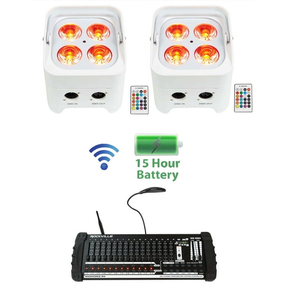 2) Rockville BEST PAR 50 Battery Wash Lights Wireless DMX 384 Channel Controller