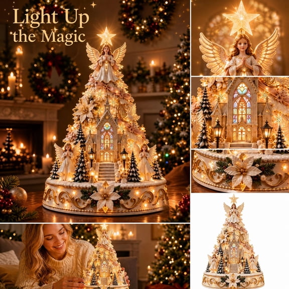 Christmas Village Lightscape Tree, Lighted Holiday Tabletop Decoration with Warm Glow for Christmas Home Display and Gift Giving (Angel Church)