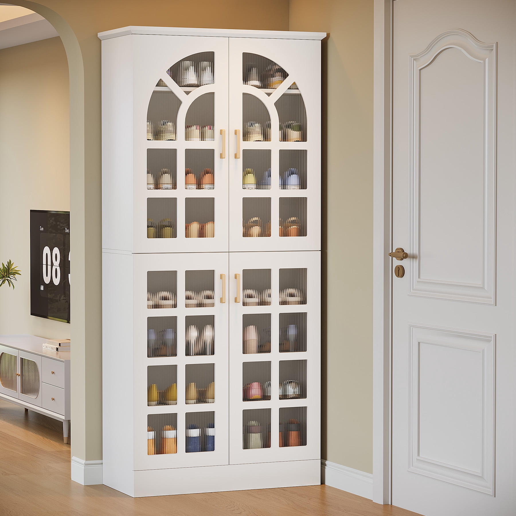 Tribesigns 8-Tier Shoe Cabinet with Doors and Led Lights, 76" Tall Shoe Rack Organizer with Adjustable Shelves for Entryway, Closet, Living Room, White