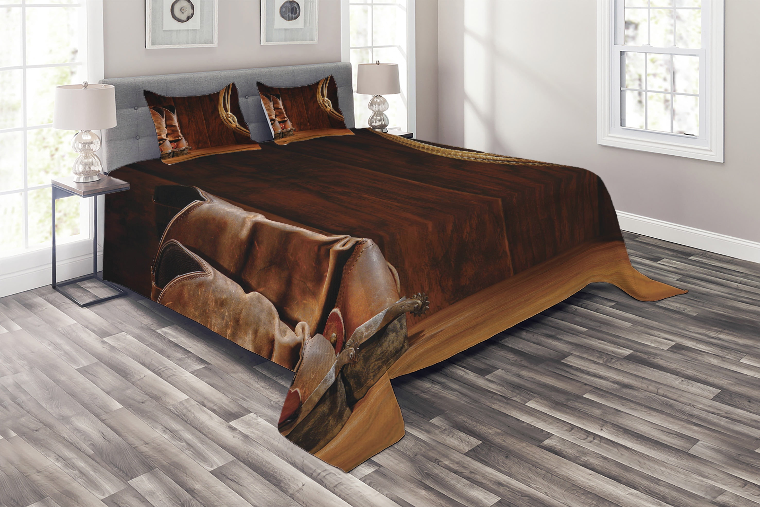 Western Coverlet Set Queen Size, American Style Cowboy Wild West