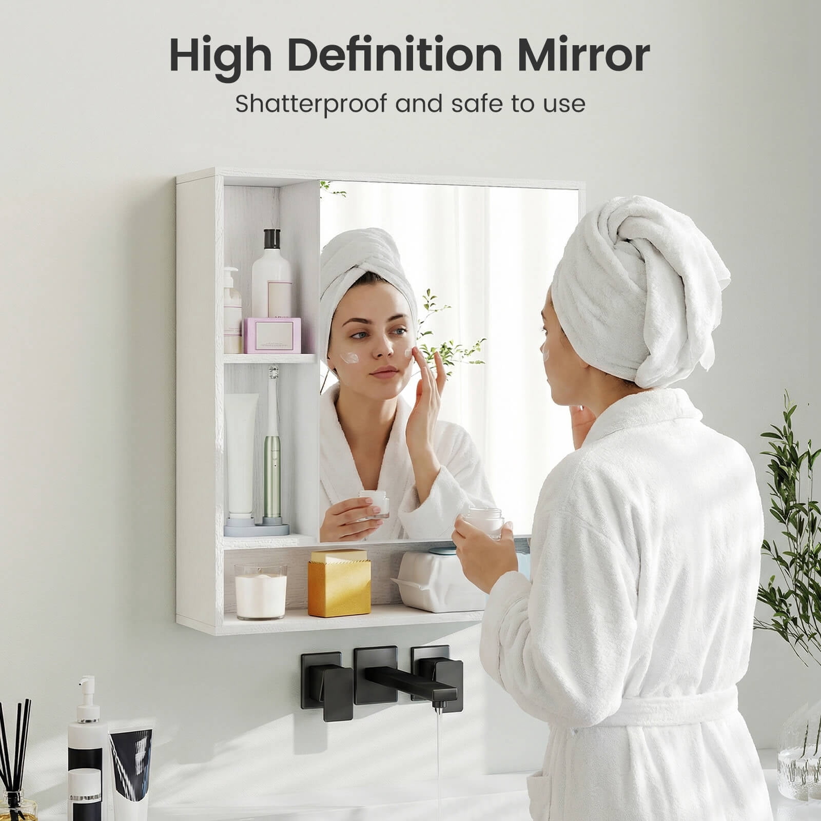 Costway Bathroom Wall Cabinet with Mirror, Single Door, 3 Open Shelves & Adjustable Shelf White