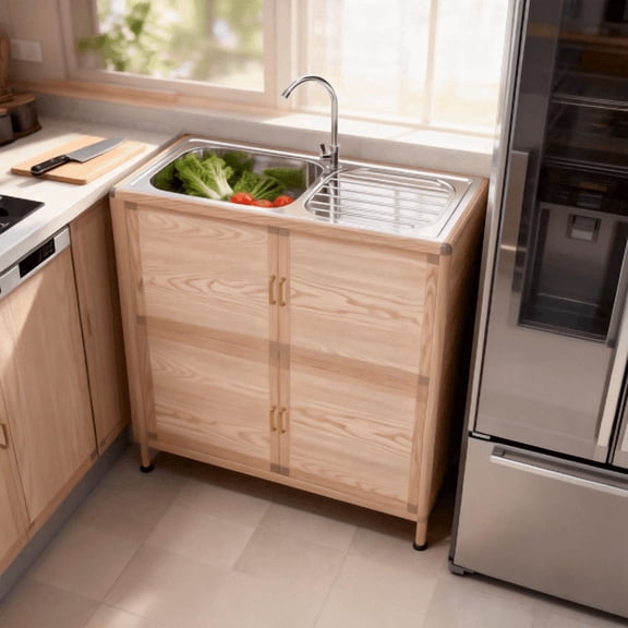Utility Sink with Cabinet, Freestanding Laundry Room Sink with Faucet and Storage, Stainless Steel Utility Tub for Garage, Workshop, Outdoor Kitchen, 32.68" Natural Wood