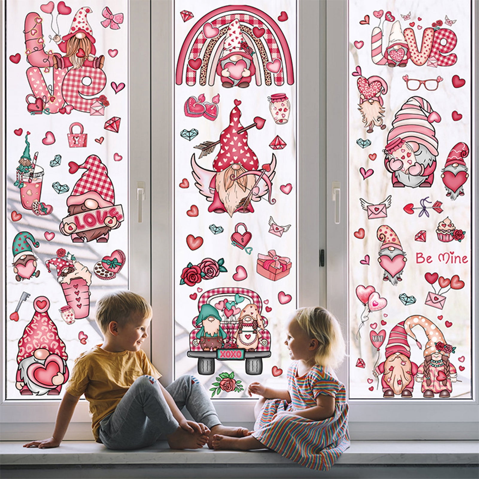 DISHAN Romantic Window Decorations Valentine Day Window Stickers Valentine's Day Window Stickers Gnome Dwarf Design Heart Shape