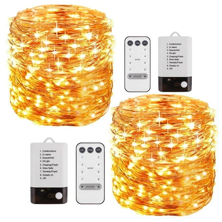 Battery Powered Party String Lights GLiving 2 Pack 33 FT LED Rope Lights Outdoor, Battery Powered Rope String Lights with Remote,Dimmable/Timer Waterproof Decoration Lighting for Party Patio Garden Tree Indoor Decor, Warm White ()