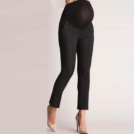 

WGOUP Women s Fashion Solid Color Insert Pocket Loose Belly Support Maternity Pants Black