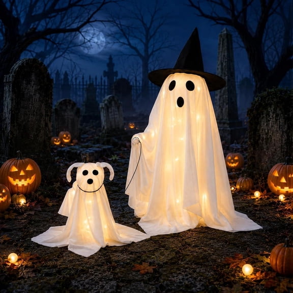 2 Pcs Ghost Walking Dog Halloween Light up Decorations Set of 2 DIY Spooky White Halloween Crafts for Yard Lawn Party Indoor Home Mantel Shelf Ground Tabletop Decor