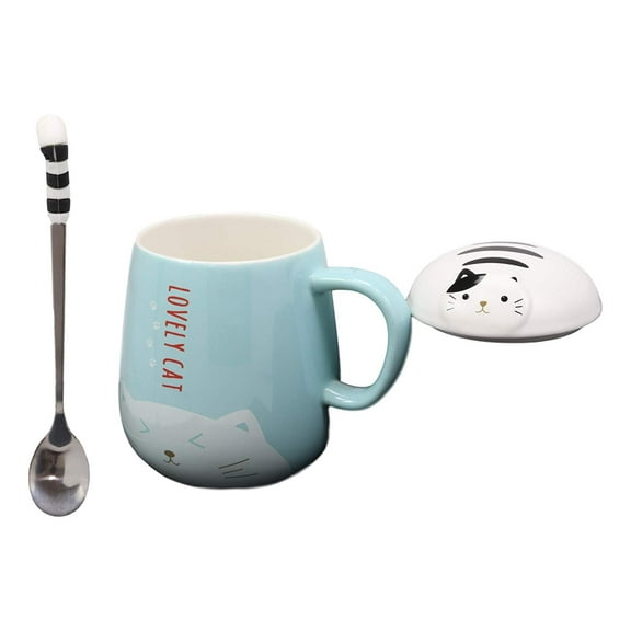 Lovely Cat Paw Prints With Lid And Tail Spoon Blue Ceramic Coffee Tea Mug Cup