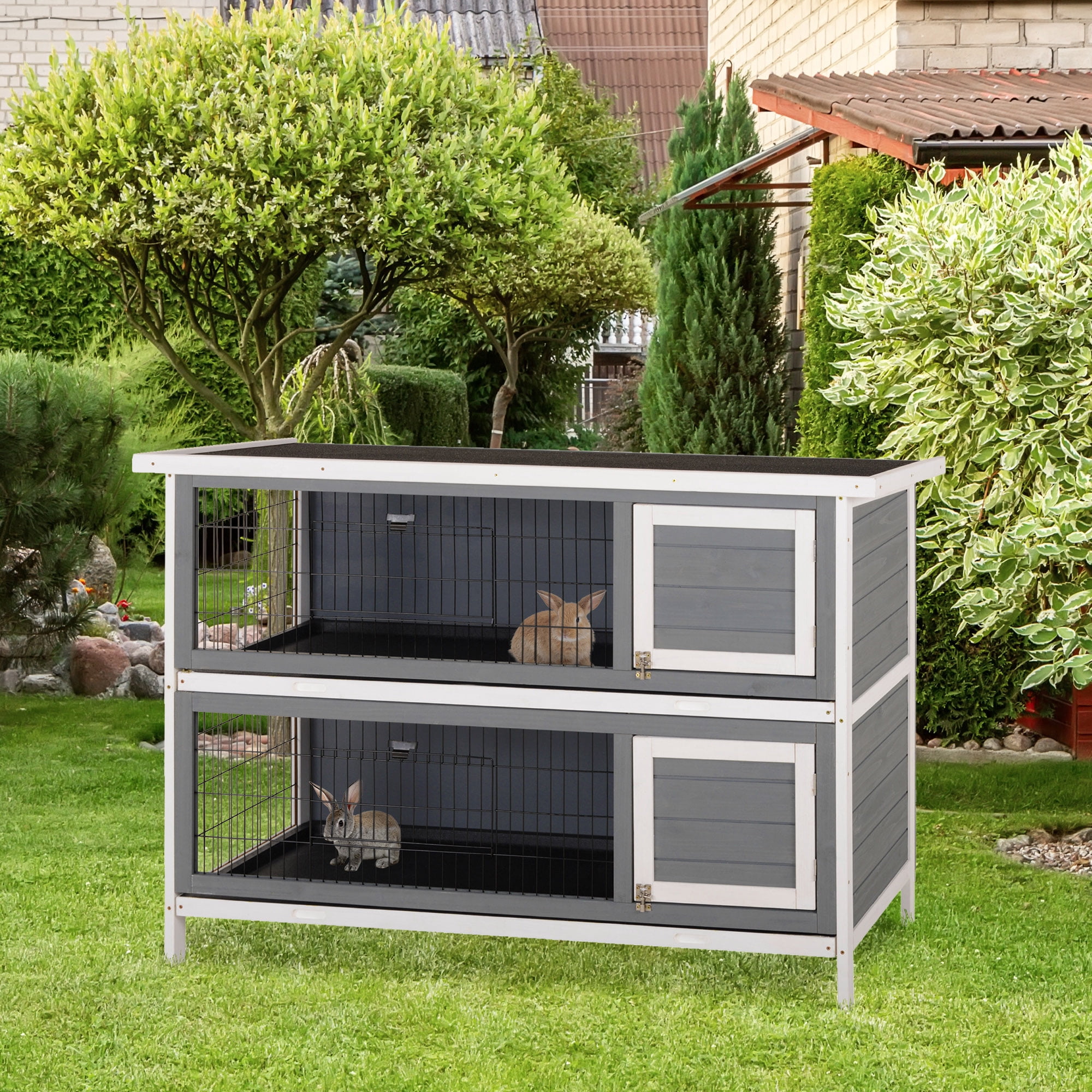 54" 2-Story Large Rabbit Hutch, Wooden Bunny Cage, Small Animal Habitat, Lockable Doors, No Leak Tray, Waterproof Roof, Dark Gray