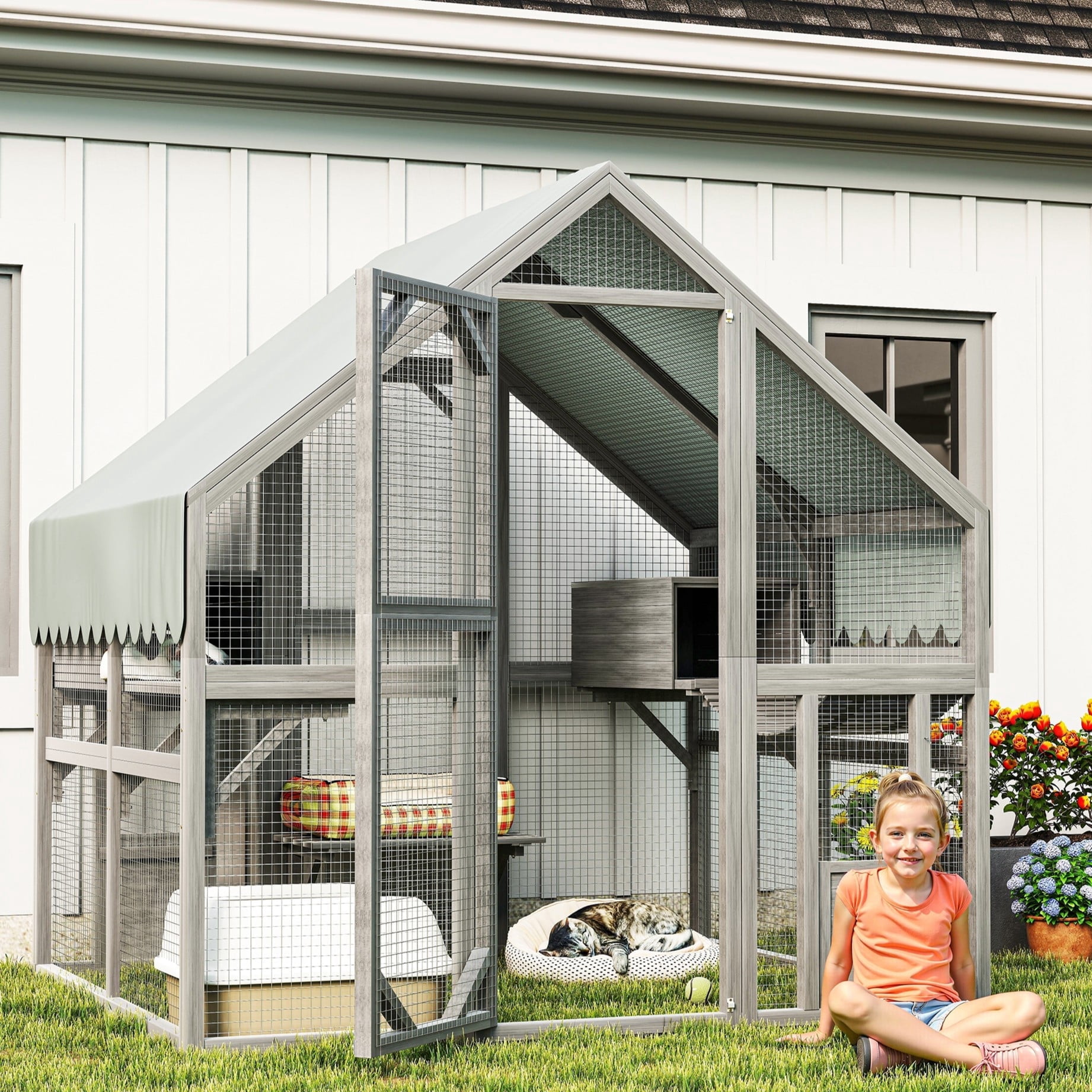 Villeston Large Outdoor Cat Enclosure for Multiple Cats with 2 Platforms, 2 Resting Box and 1 Bridges, Wooden Feral Cats Shelter with Waterproof and UV Proof Canopy