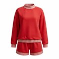 thumbnail image 5 of Women's 2 Piece Outfits Sweatshirt and Shorts Sets Long Sleeve Crew Neck Lounge Matching Sets with Pockets Plaid Trim Casual Pajama Set Red, 5 of 5