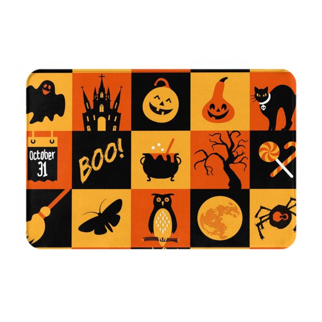 Balery Halloween Banner Symbols Felpudo de franela, resistente a las manchas y a la decoloración, para uso interior y exterior, fácil de limpiar, 40 x 60 cm
