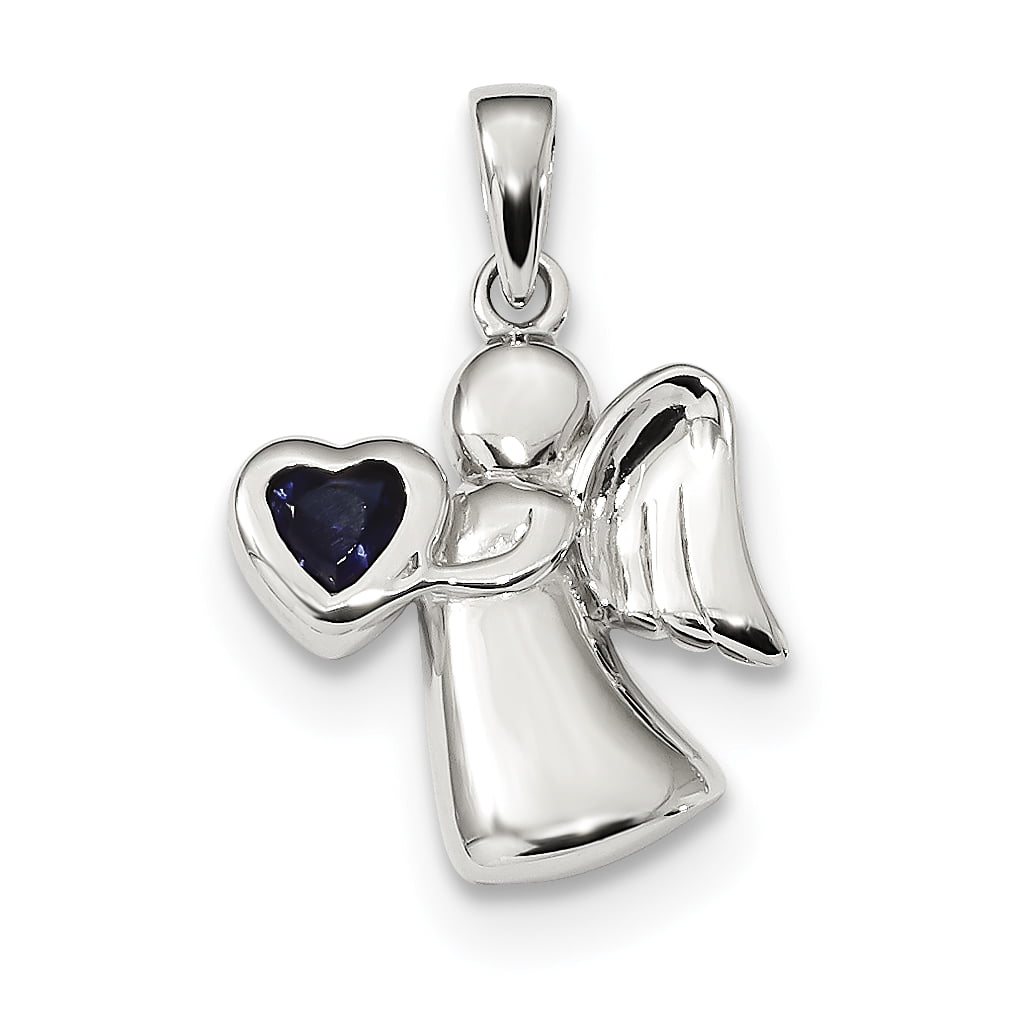 925 Sterling Silver Polished Blue /& White Crystal Angel w//Heart Charm Pendant