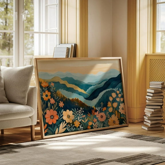 Colorful Wildflower Mountain Wall Art Sunrise Botanical Landscape Whimsical Floral Nature Scene Poster Print Wall Art, Modern Wall Decor, 8x12 UNFRAMED