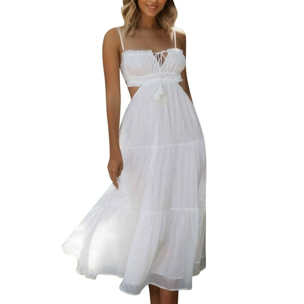 Vestido largo sin mangas con cuello en V para mujer - Color liso, gasa, informal, primavera/otoño