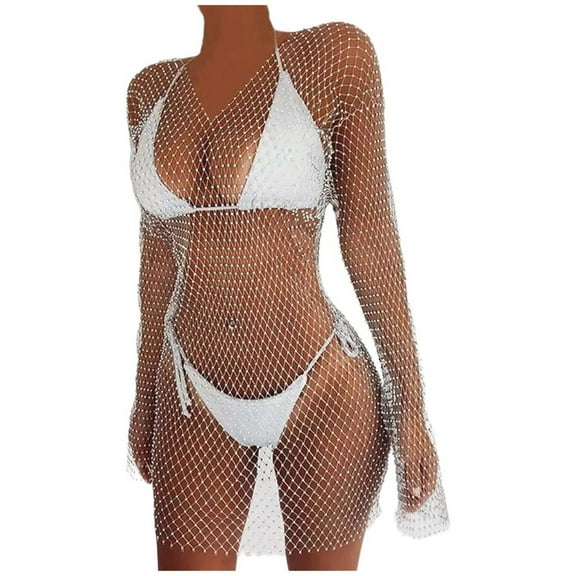 Elegant V Neck Long Sleeve Mesh Cover Up Women's Sparkling Rhinestone Fishnet See Through Party Dress For Beachwear Women Swim Cover up Shorts Toddler Bathing Suit Cover up for Girls Romper Swimsuit