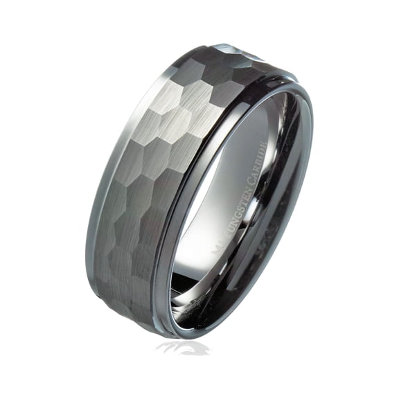 Tungsten Carbide Unisex Adult 8mm Hammered Stepped Edges Tungsten Carbide Wedding Ring