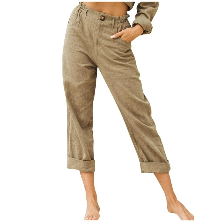 Clearance RYRJJ Womens Cotton Linen Work Pants Casual Plus Size High Waist  Capri Pants Summer Loose Comfy Straight Leg Cropped Pants(Khaki,3XL) 
