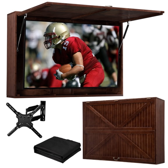 Outdoor TV Hard Cover, Solid Wood Weatherproof TV Enclosure w/ Wall Mounting Bracket , 600D Oxford Outdoor TV Cover (Fits 32-55 Inches), Walmut
