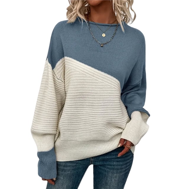 Suéter Casual de Color Block para Mujer, Cuello Redondo, Larga, Punto Acanalado Azul Agua S