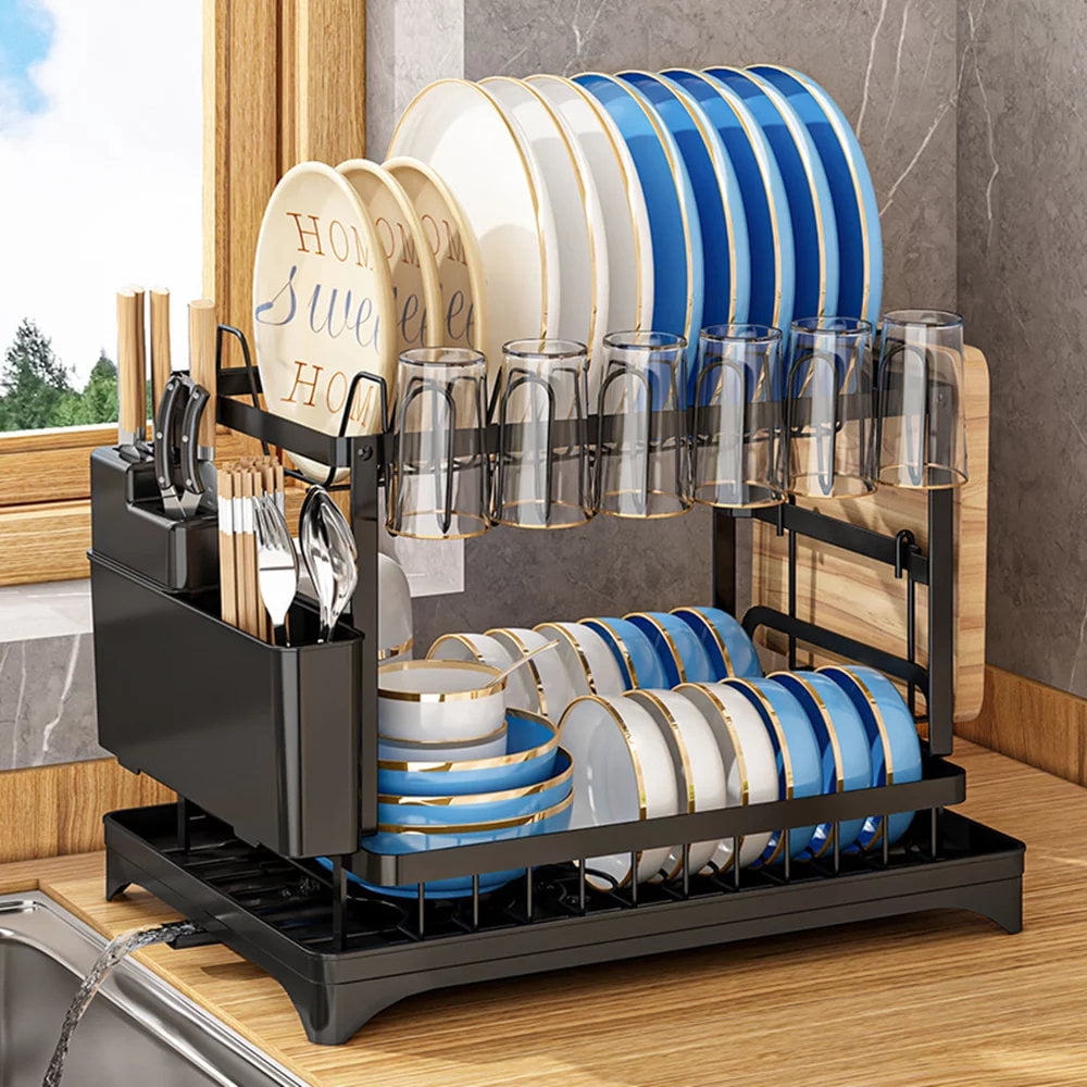 2 Tier Dish Racks for Kitchen Counter, Dish Drying Rack with Dish Drainer, Durable Stainless Steel Dish Rack Drain Set with Utensil Holder, Cutting Board Holder, Kitchen Dishes Organizers